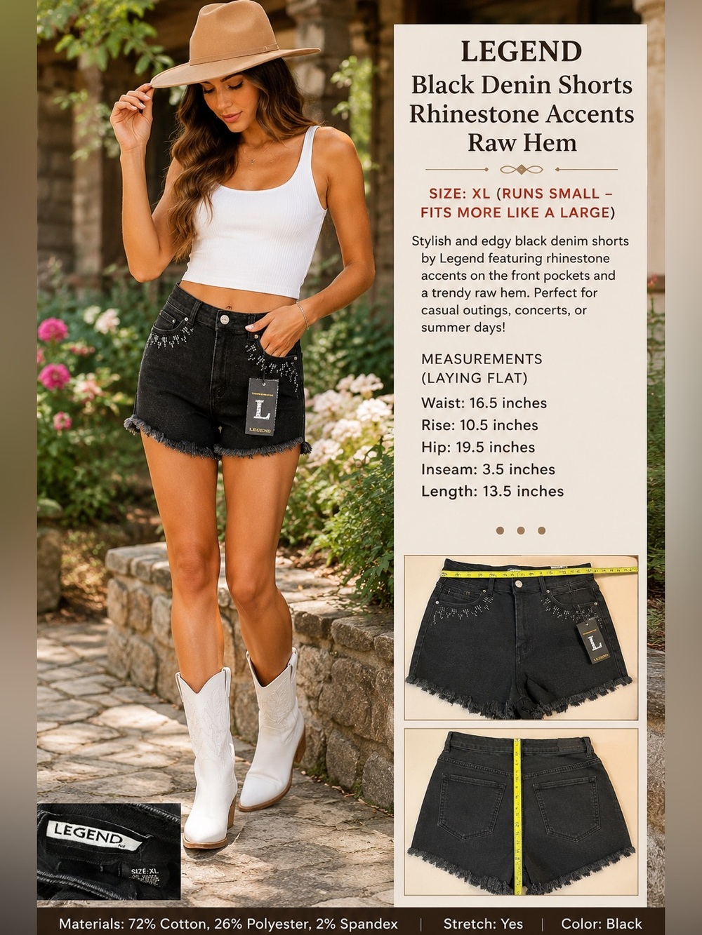 Legend Black Rhinestone Denim Shorts NWT XL Runs Small Raw Hem Stretch